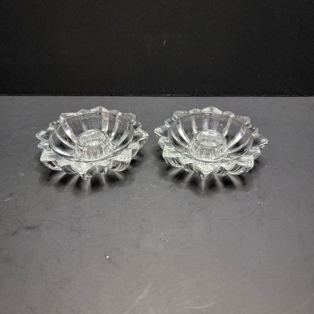 Vintage 60's Round Starburst Cut Glass Candle Stick Holder Set Of 2